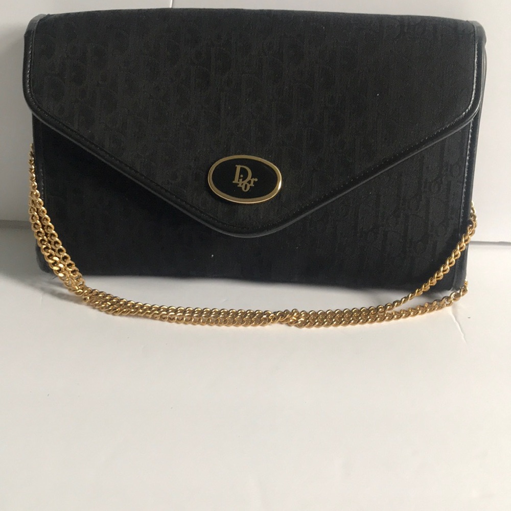 Pre-Loved Christian Dior Black Logo Envelope Chain Wallet